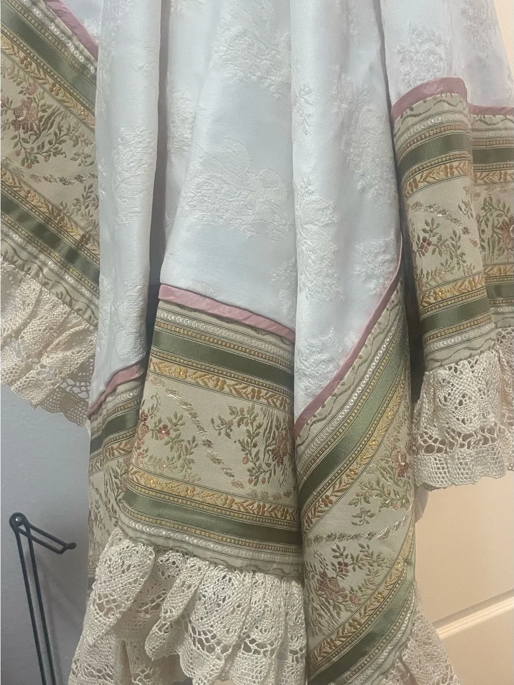 “My Baby” Vintage-Inspired Cream with Green & Pink Floral Border Throw. 48” sq